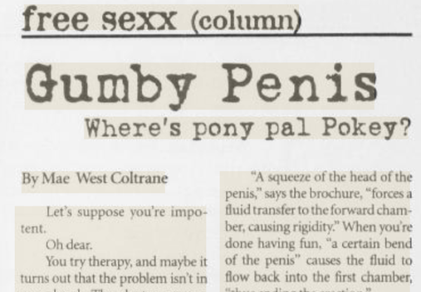A screenshot of an article within the "sexx" column from The Stanford Daily Archives. The headline reads "Gumby Penis: Where's pony pal pokey?"