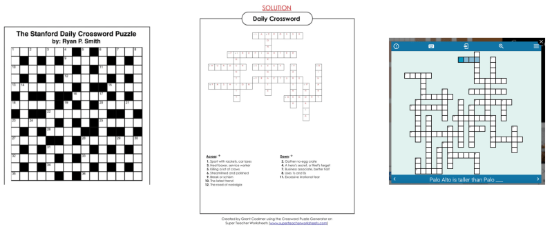Three side-by-side crosswords from The Daily's website.
