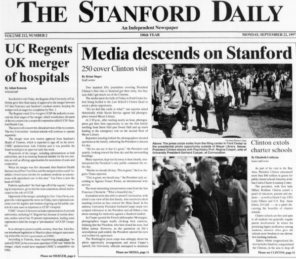A front page of The Stanford Daily from 1997, featuring photos of the Clinton family.