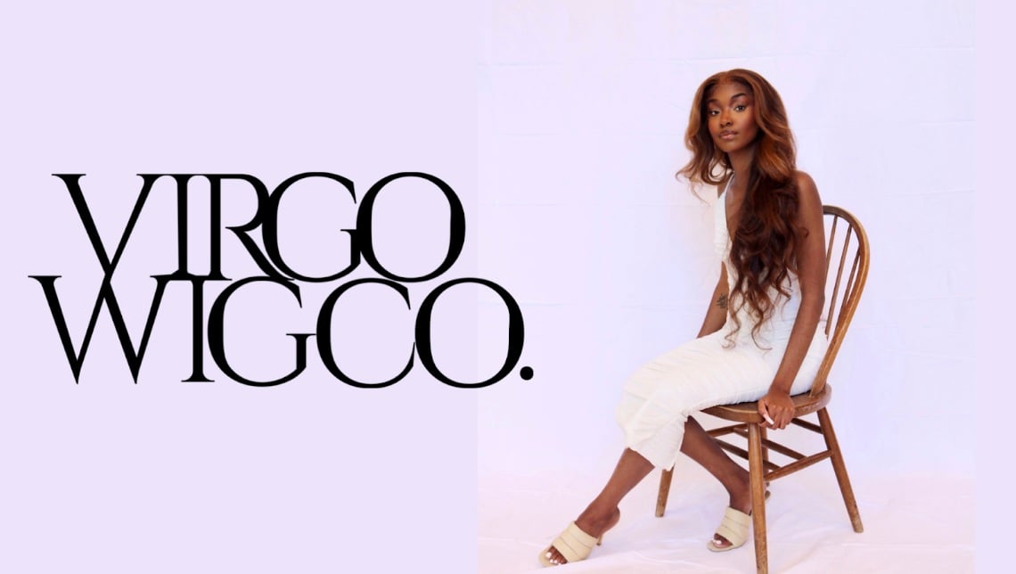 Linda Denso '23 wears the Virgo Wig against a lilac purple background next to the Virgo Wigco logo.