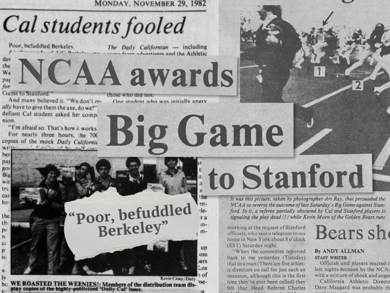 A collage of newspaper clippings and headlines falsely claiming that Stanford won the 1982 Big Game.