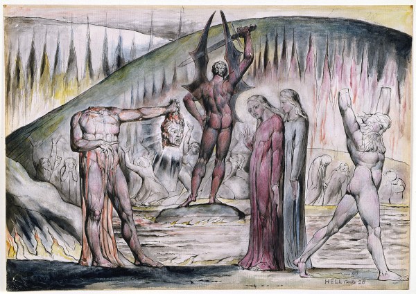 On the left, a figure stands holding his own severed head. Two women stand looking appalled. In the background we see the backside of a demonic winged figure.