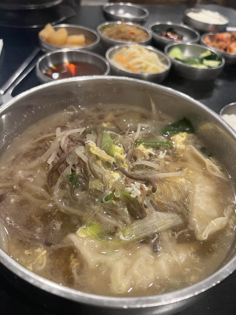 Dumplings and sprouts are visible through murky soup in a metal bowl. 