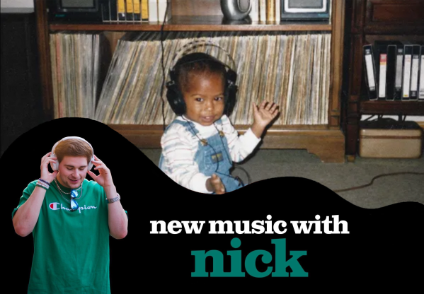 Graphic with Nick Slight wearing headphones over the album art of a baby wearing headphones, with text NEW MUSIC WITH NICK