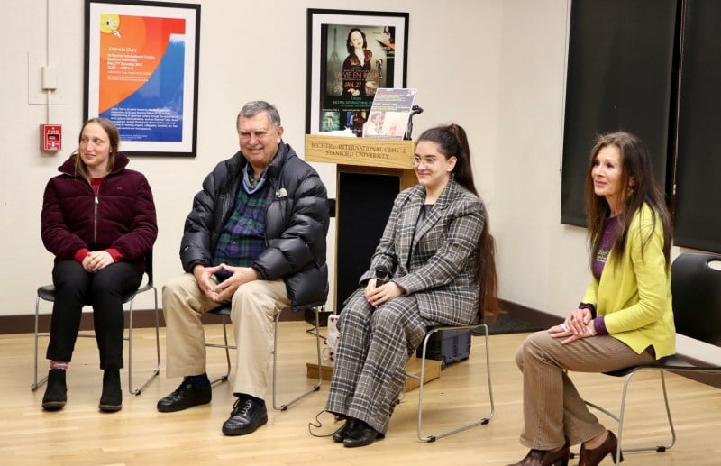 Maddie Weinstein (first from left), director George Csicsery (second from left), student inventor Tahoura Nedaee '25 (second from right) and Jasmina Bojic, Stanford Arts Camera as Witness Program Director and Founder of the international documentary festival UNAFF (last on right)