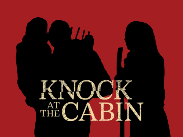 Outline of characters from "Knock at the Cabin," with the text of the title overlaying the images.