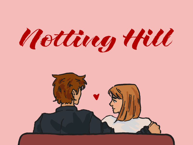A rearview perspective of a couple on a couch with a cartoon heart in between them and the text "Notting Hill" above.