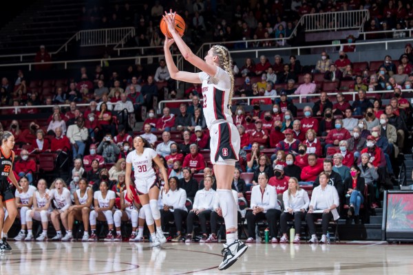 Junior forward Cameron Brink shooting a three pointer against Oregon State on Jan. 27, 2023. In this game, Brink led the Cardinal with her 30th career double-double to propel the Cardinal further in the Pac-12 tournament. (Photo: KAREN HICKEY/ISI Photos)