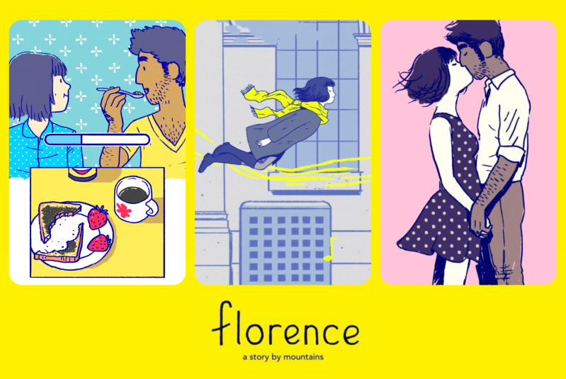 cartoonish drawings of a girl eating pasta with her love interest, flying and holding hands with him with a bright yellow background that says "florence"