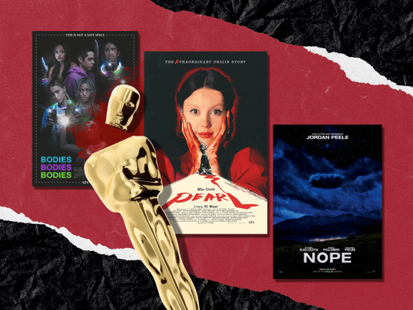 Film posters from the "Bodies, Bodies, Bodies," "Pearl" and "Nope" with an overlay of an Oscars trophy with its head snapped off.