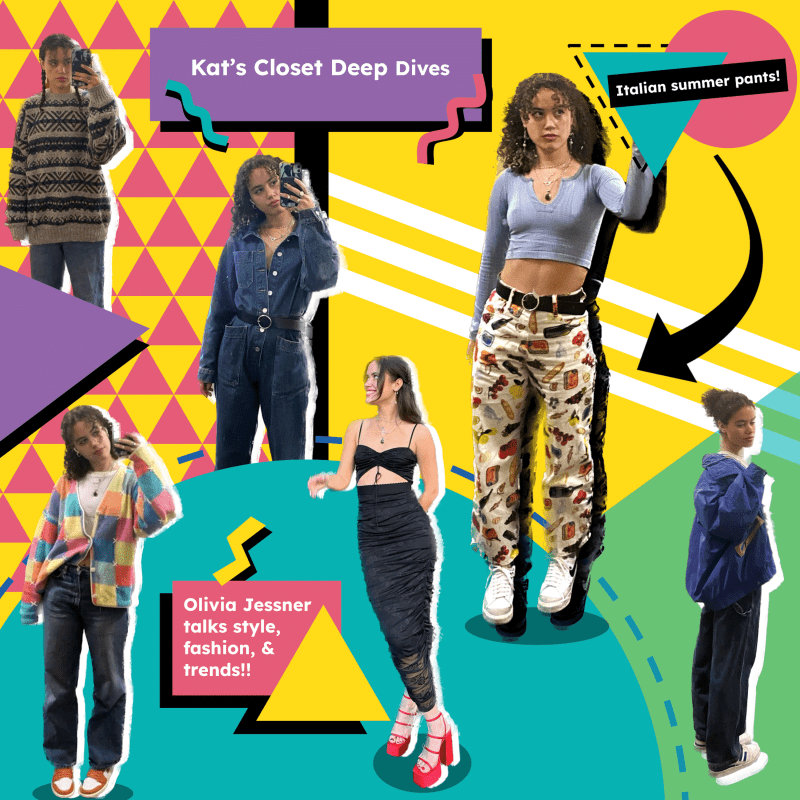 Six of Jessner's mirror selfies are cropped out and put against a brightly colored, 90s themed background to highlight various outfits that represent her style. 