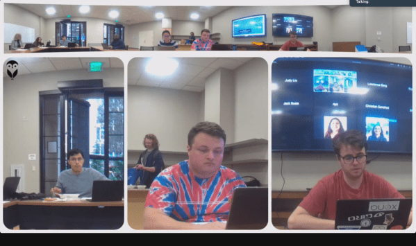 Screenshot of the GSC's Mar. 14 meeting over Zoom, with members sitting around table.