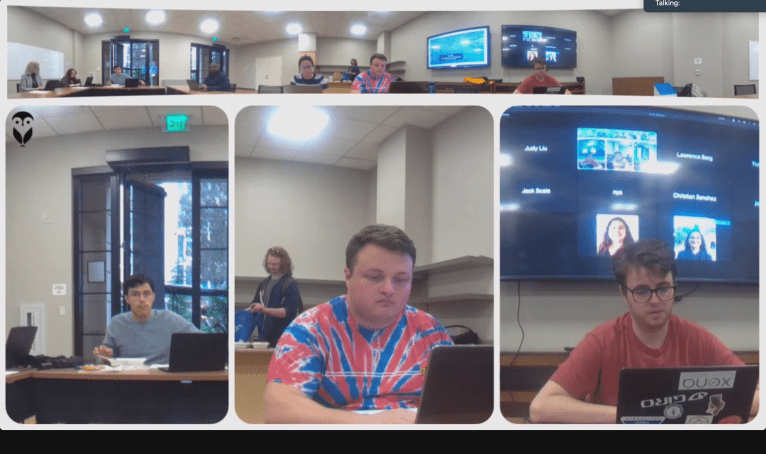 Screenshot of the GSC's Mar. 14 meeting over Zoom, with members sitting around table.