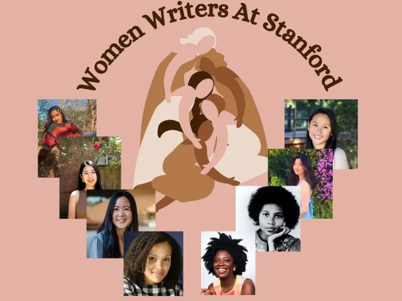 Pictures, arranged in a downwards semi circle of all the women writers mentioned in the article with the title :"Women writers at Stanford. Atop a light pink background with a graphic of women of color hugging each other in the middle.