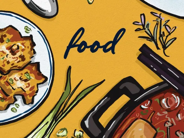 Section of magazine cover for the food issue. (Graphic Credit: MICHELLE FU/The Stanford Daily)
