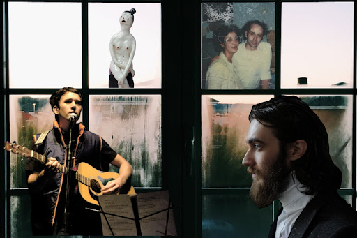 Keaton Henson and Sufjan Stevens are seen performing under a photo of their albums "Birthdays" and "Carrie & Lowell."