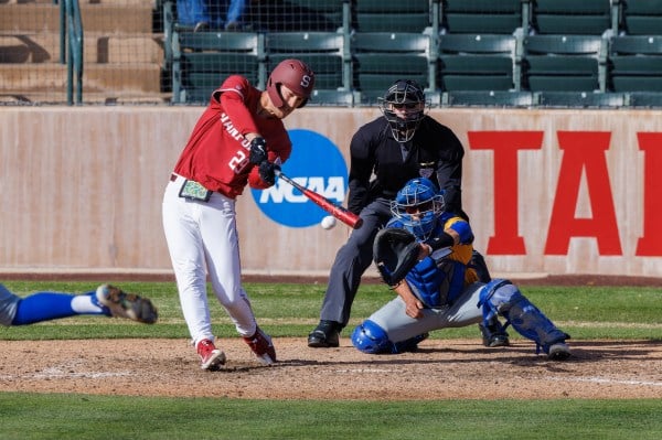 Cole Hinkelman batting during a game against CSU Bakersfield at the Sunken Diamond. His go-ahead home run against Cal in this series' third game was his first of the season.