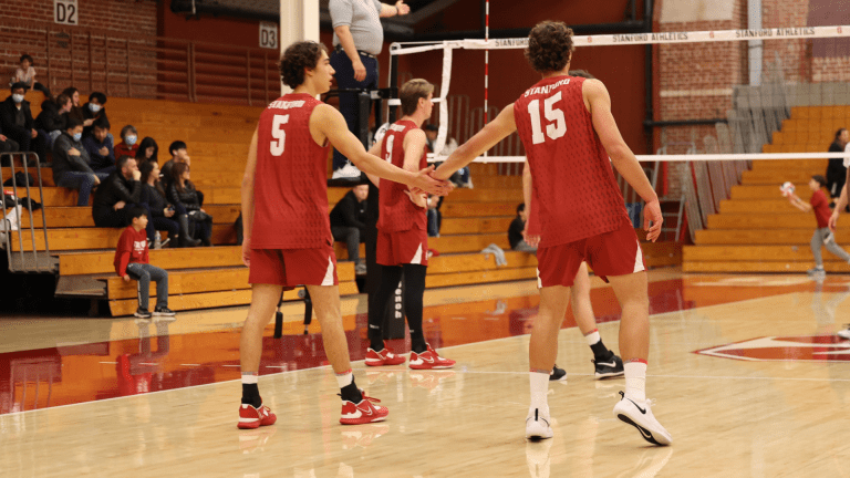 Two volleyball players low-five in between points.