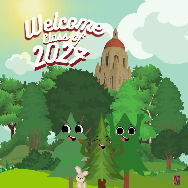 Graphic of Hoover Tower surrounded by forest. Several anthropomorphic trees are shown smiling at the front of the scene.