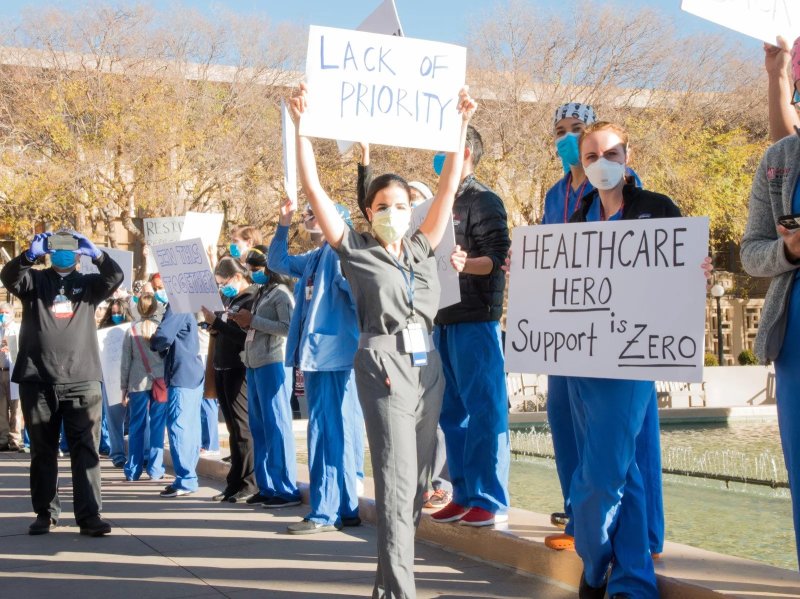 Medical residents and fellow protest outside Stanford Hospital.