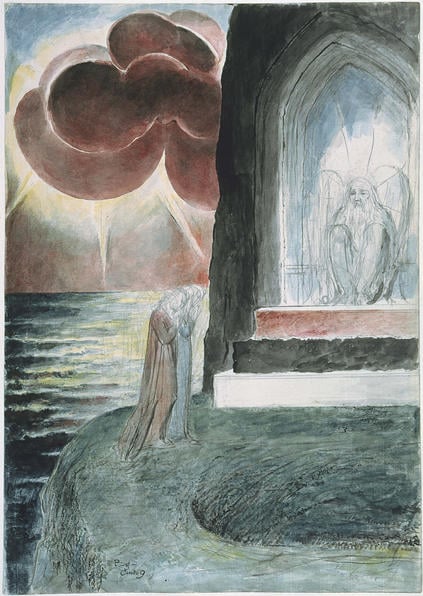 Two figures, one in pale red and another in pale blue, approach a gate in which sits an angel. They are standing on a platform in the middle of the ocean. Red clouds loom in the background.
