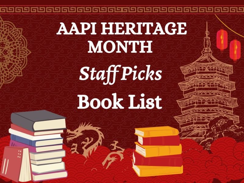 A poster with a dark red background, graphics of books on the right and left corners and a graphic of a traditional Chinese temple on the top right corner.