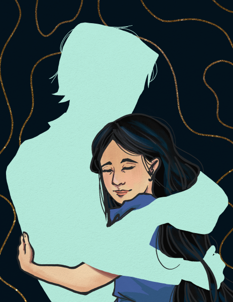Woman embraces the outline of a man (illustration)