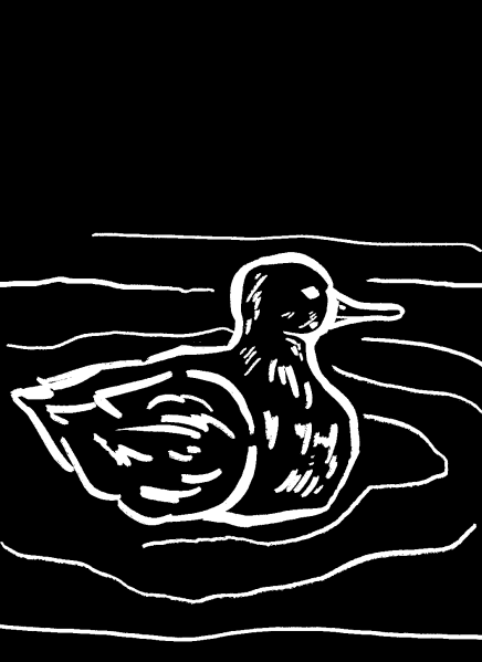 Outline of a duck in white, paddling through a pond with white ripple outlines on a solid black background