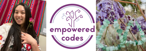 From left to right: Patricia Wei holding a flower, Empowered Codes logo and the Triangle Crystal earrings against lavender.