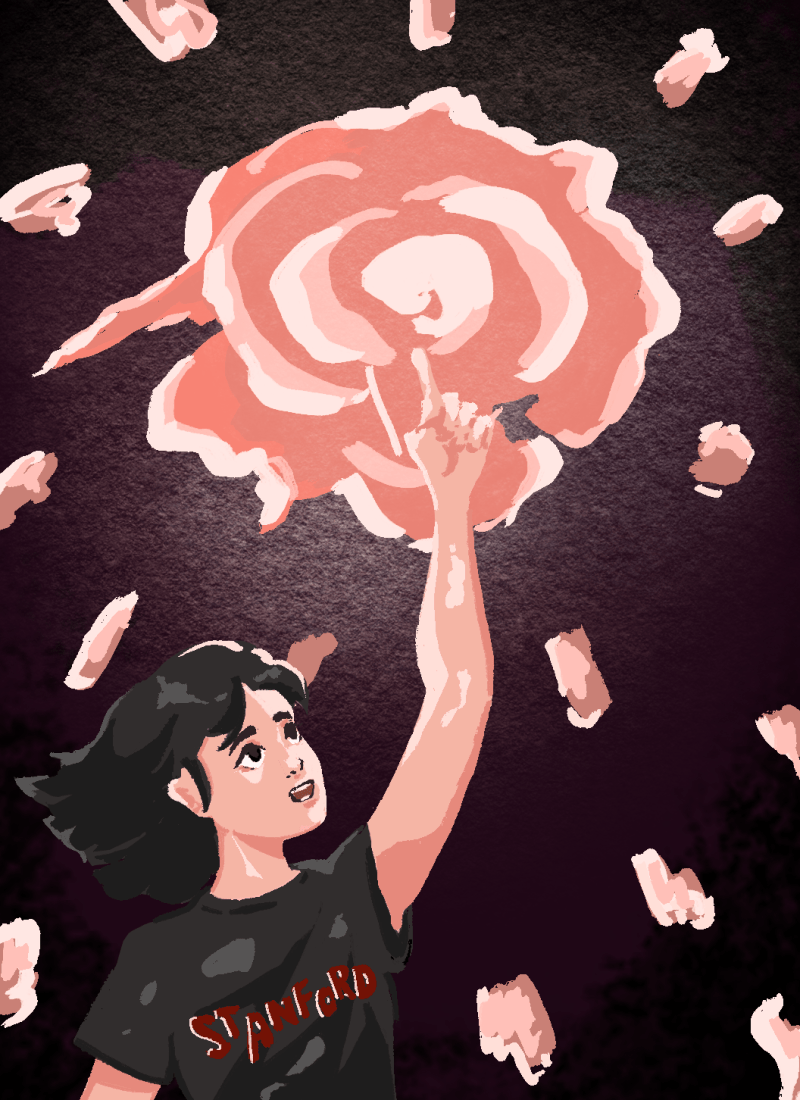 A young woman reaching toward a nebulous pink mass in the air