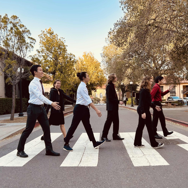 Stanford musicians crossing the street in a similar manner to that of the Abbey Road album cover