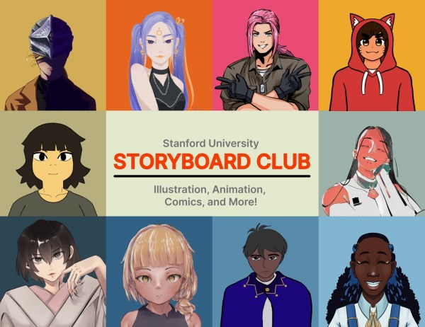 a graphic of ten thumbnails of digitally drawn characters. in the middle there is text that reads "Stanford University: Storyboard Club: Illustration, Animation, Comics, and More!"