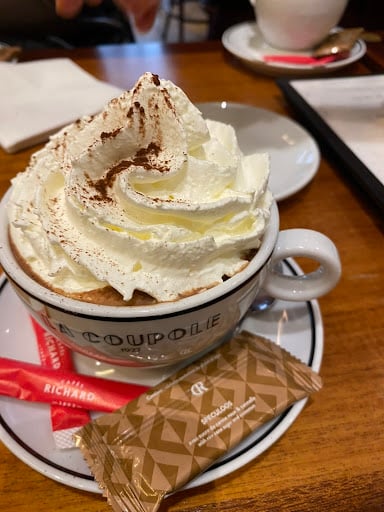 A cup of hot chocolate. A thick froth of whipped cream sits on top.