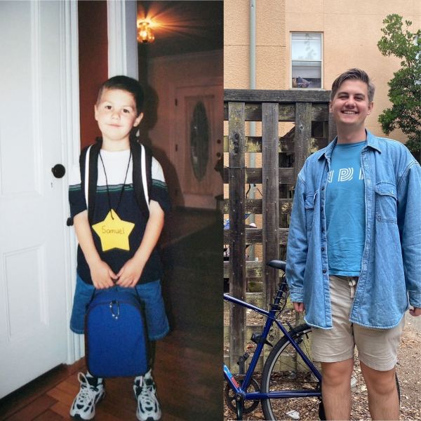 On the left, Sam as an elementary schooler, with a black and white shirt and a bright yellow star reading "Samuel." On the right, Sam as an adult, with a denim jacket and light khaki shorts.