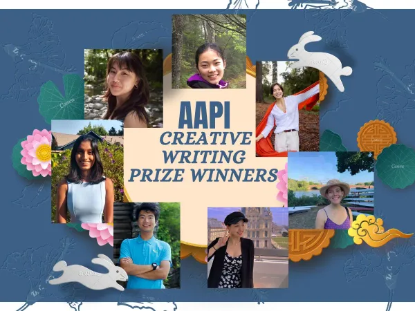 Photos of students around "AAPI Creative Writing Prize Winners."