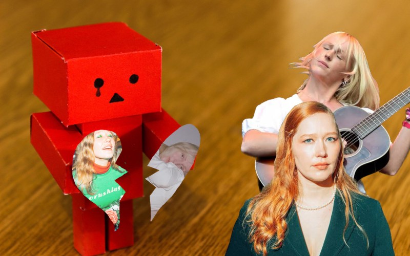Little red cube cartoon-man holding broken heart halves with the album covers mention. Julia Jacklin and Laura Marling also depicted.