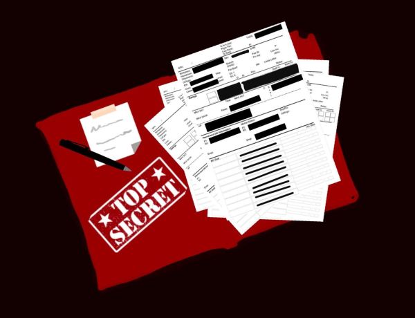 A graphic of an open admissions file containing stacks of redacted admissions papers. The folder is stamped with "TOP SECRET".
