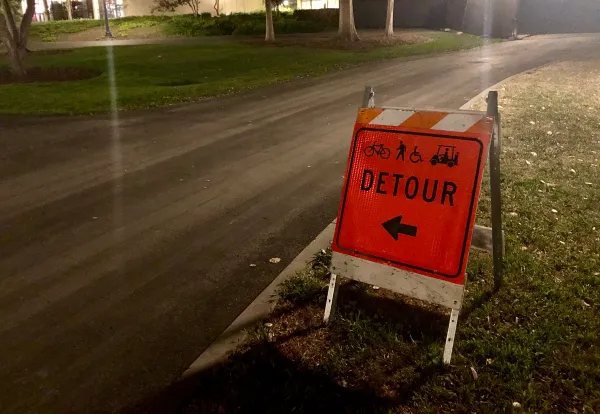 A road at night. An orange construction sign reads "DETOUR."