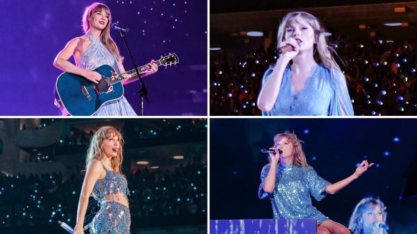 Collage of Taylor Swift in a blue dress on stage, singing and playing the guitar