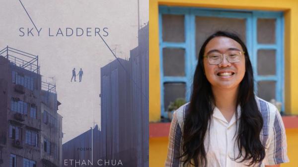 A photo of the bookcover of "Sky Ladders" on the left and a photo of Ethan Chua '21 on the right.