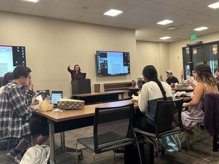 Liz Park, co-chair of the Graduate Student Council and fourth-year chemistry Ph.D. student, asks councilors to vote on the proposed funding guidelines revision bill at the Tuesday meeting.