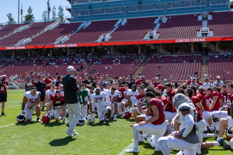 STANFORD, CA - APRIL 22: Troy Taylor and team at Cardinal and White Spring Showcase at Stanford Stadium on April 22, 2023 in Stanford, California.