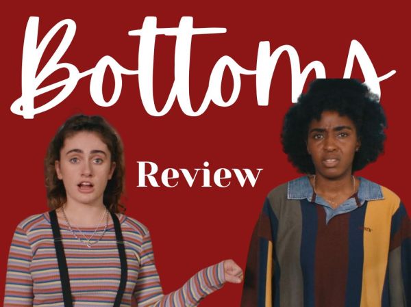 Two girls standing flustered staring straight ahead with the title " Bottoms" written behind them