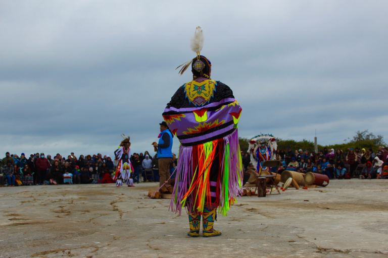 Person facing away from camera wearing colorful regalia. In the background are drums and others in colorful regalia. A large crowd surrounds them.