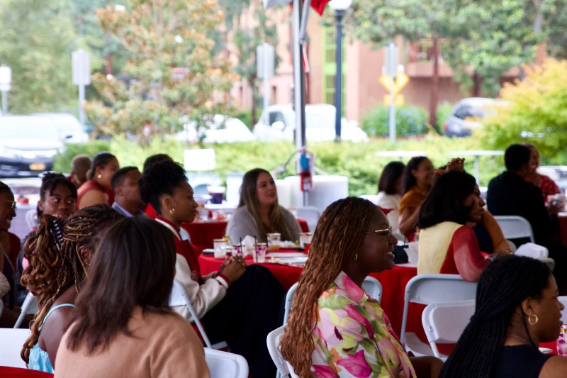 Groups of Delta Sigma Theta Sorority, Inc. members and guests sit around tables.
