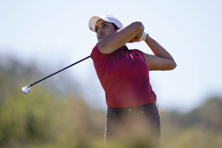 Megha Ganne during a match between University of California-Berkeley and Stanford at Menlo Country Club. Ganne won the individual title at the Carmel Cup in september, her first collegiate tournament victory.