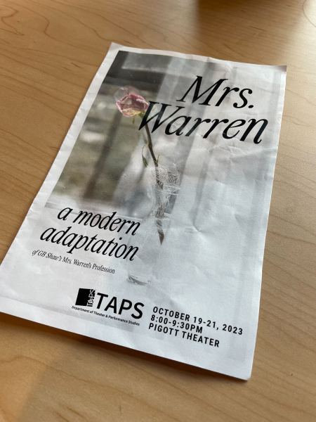 Program with photo of flower reading "Mrs. Warren: a modern adaptation. TAPS"