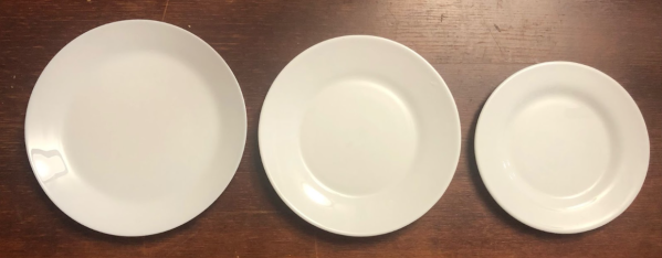 From left: Standard 10” dinner plate, old 9” dining hall plate, new 8” dining hall plate