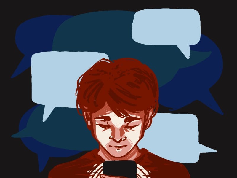 Graphic depicting a young person looking down at their phone, surrounded by blank blue text bubbles.