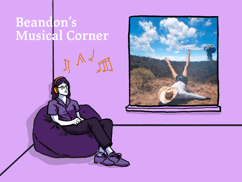 Cartoon version of Brandon listens to music through headphones while seated on a bean bag in a corner of a purple-walled room with "Beandon's Musical Corner" written in the background while listening to music. The window panel is the image of Geese's "3D Country album cover.